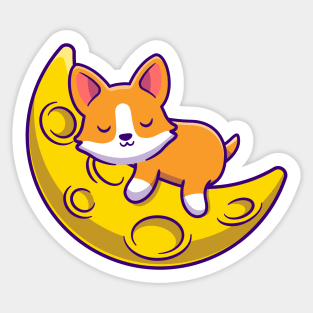 Cute Corgi Dog Sleeping On The Moon Cartoon Sticker